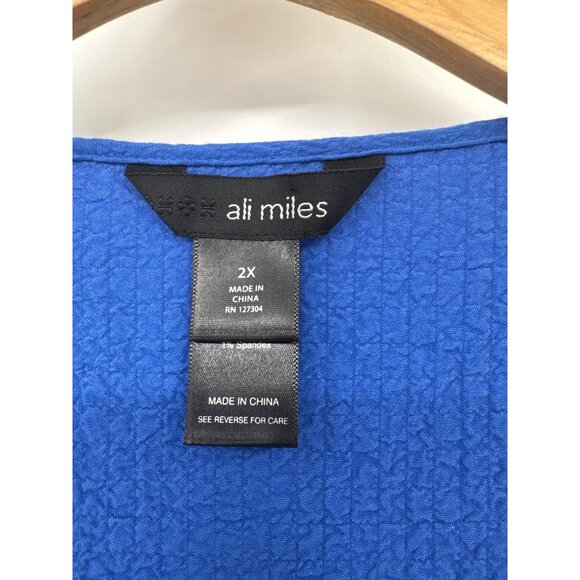 Ali Miles Womens crinkle Blue Tunic Top  Buttoned Sleeves size 2X plus - Picture 3 of 5